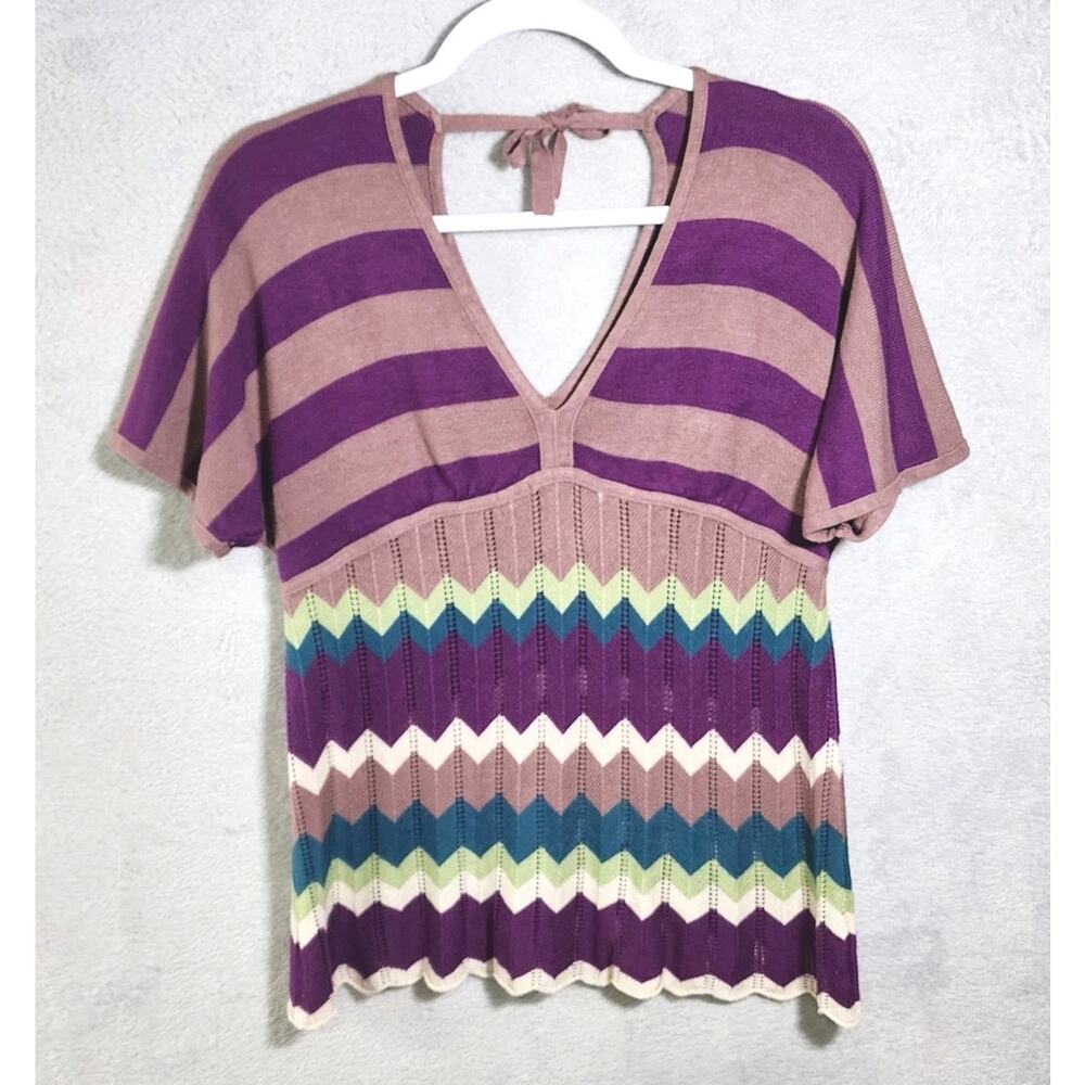 American Attitudes Crochet Knit Top Zig Zag Plunge V-Neck Boho Y2K Womens XL